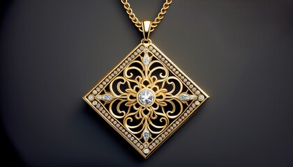 gold necklace with filigree pendant a gold chain suspends a diamond shaped filigree pendant intricately detailed with openwork patterns and small accent stones