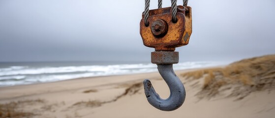 Close-up view of an industrial crane hook against blue sea background with texture and details showing, shot from behind crane at seaside location