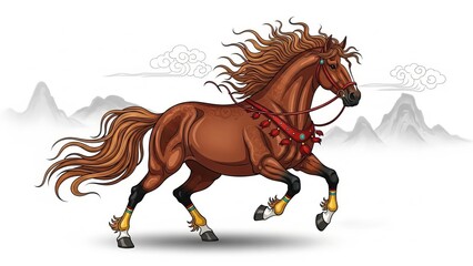 A galloping brown horse with flowing mane and red harness running freely in a serene landscape with distant mountains