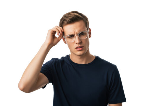 young caucasian male model in a dark navy t-shirt and acetate glasses, intensely concentrating, right hand scratching temple, isolated high-key white studio background concept of cognitive effort and