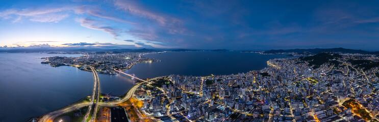 Fototapeta premium Aerial panorama of the city of Florianopolis during twilight. Brazil