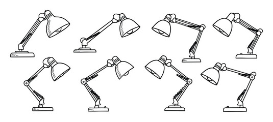 Fototapeta premium Sketch illustration featuring an arrangement of adjustable desk lamps with domed shades.