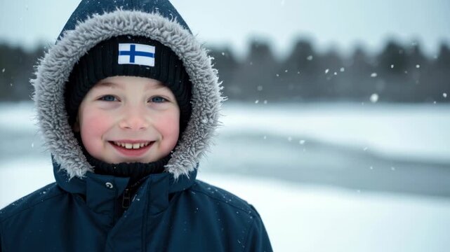 Smiling boy in winter parka and Finnish flag beanie. Child enjoying snowy weather in Finland. Finland Independence Day, December 6. Copy space for text
