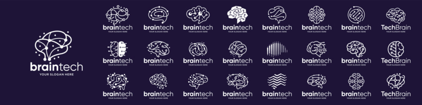 brain tech logos set, connect line circuit dot design brain connection tech logo vector illustration.