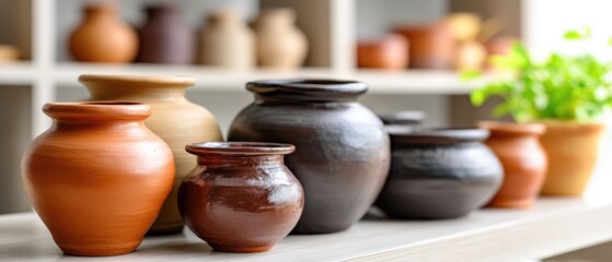 Handmade clay vases and pots on shelf in pottery studio with blurred ceramic products in background and natural light illuminating workspace