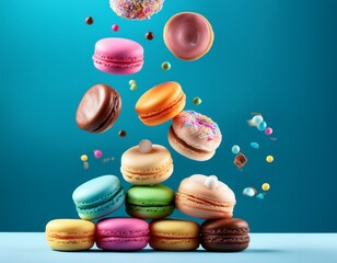 colorful donuts cupcakes and macarons tumbling through the air against a blue backdrop