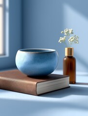 An artistic still life captures the essence of tranquility with a minimalist arrangement. The soft blue hue of the walls create a sense of calmness.
