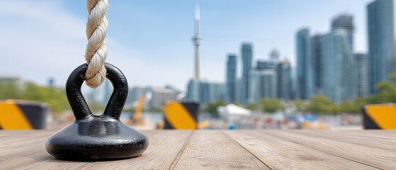 Obraz premium Close-up view of a black pulley on a yacht with rope and tape in a marina near a city on a sunny day
