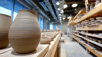 Close-up view of unglazed clay vase with pottery shelves in background showing traditional crafts in a workshop environment