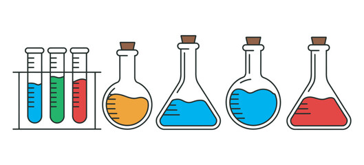 Science lab illustration colorful flasks, beakers, test tubes, bright liquids, educational materials, laboratory experiments, scientific research visuals, STEM learning, vector design