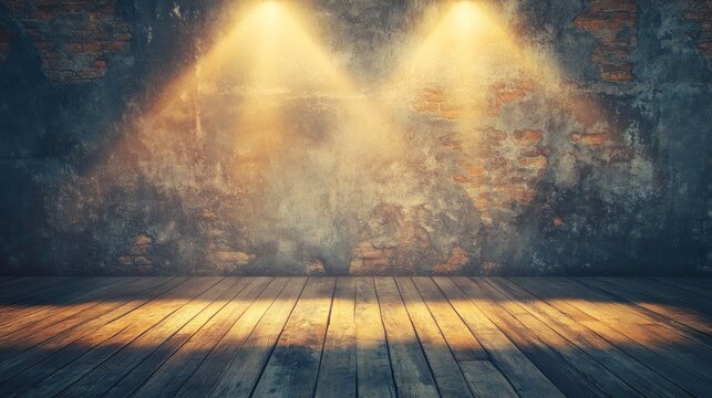 A dimly lit stage with wooden flooring and spotlight beams creating a dramatic atmosphere.