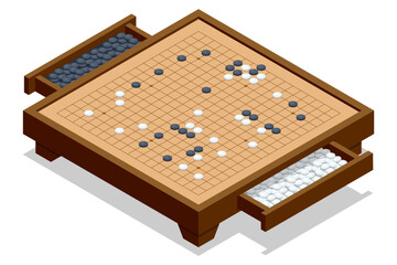 Go Board. Isometric go board with black and white stones. Traditional strategy board game concept isolated on white background.