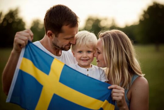 Family with Swedish flag celebrating National Day of Sweden, June 6. Parents and young son holding the national flag in a park at sunset. Patriotism and heritage concept
