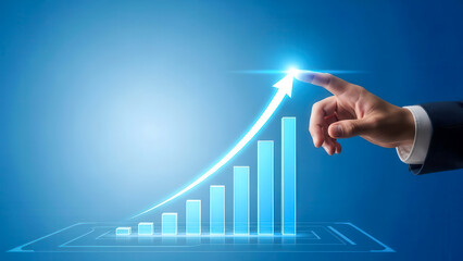 Business Growth Concept with Hand Touching Upward Arrow and Increasing Bar Chart, Financial Success and Strategy Background