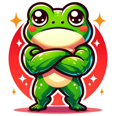 Fototapeta premium A muscular frog stands with its arms crossed, its arms shiny green, in a confident posture.