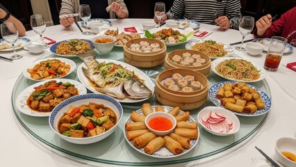 A sumptuous feast featuring various Chinese dishes on a round table, viewed from above, surrounded by people dining together.