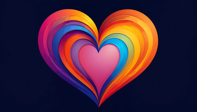 A vibrant heart-shaped design with colorful layers on a dark background