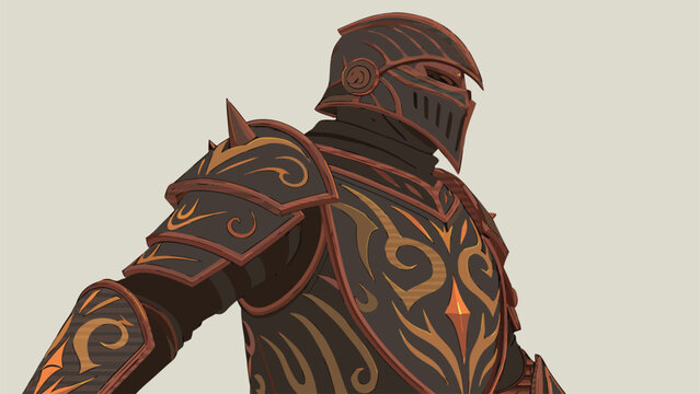 Medieval knight in ornate armor with gold and red details stands heroically from behind wearing a helmet and shoulder pads against a beige background
