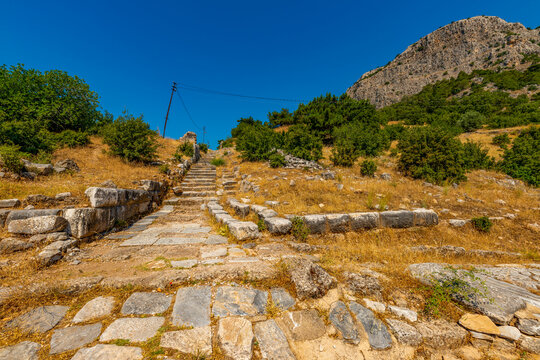 Ruins of the ancient city of Priene, Turkey. The Temple of Athena Polias in Priene  an Ionic Order temple located northwest of  agora, inside the sanctuary complex. It was dedicated to Athena Polias, 