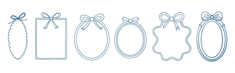 Doodle line frame, ribbon bow border set, vector hand drawn coquettish wedding decor, elegant lace. Minimal holiday whimsical postcard design, wax crayon texture, wavy decoration print. Doodle frame