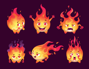 Fire mascot. Funny emotional flame character in action poses and funny faces exact vector template © ONYXprj