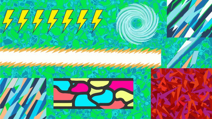 Vibrant abstract geometric patterns featuring seta, spirals, and lightning bolts in a dynamic digital artwork composition