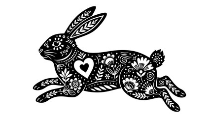 A black and white illustration of a lying rabbit with floral patterns and a heart on its body, showcasing intricate designs and details.
