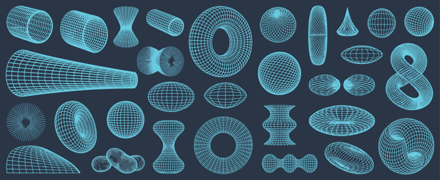Editable stroke vector set of abstract geometric elements. Grid 3D shapes, wireframe mesh, sphere and cube. Futuristic design in cyberpunk, y2k, retro style. For logo graphic, poster tech background