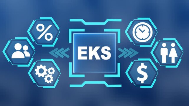 Glowing teal digital interface with the word EKS in the center surrounded. modern Concept with surrounding finance, users, settings and data analytics icons on blue blurred background.