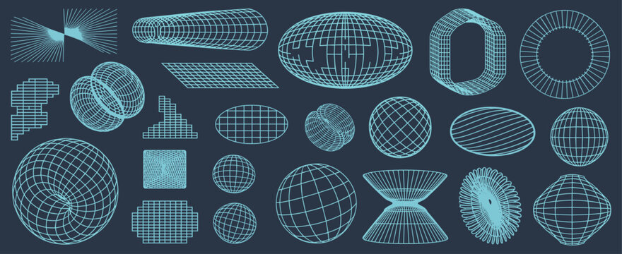 Editable stroke vector set of abstract geometric elements. Grid 3D shapes, wireframe mesh, sphere and cube. Futuristic design in cyberpunk, y2k, retro style. For logo graphic, poster tech background