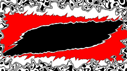 Abstract black shape surrounded by red and white swirling patterns in a dynamic illustration