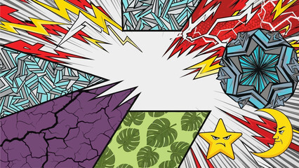 Vibrant abstract shapes and patterns bursting from a central white space, creating a dynamic composition