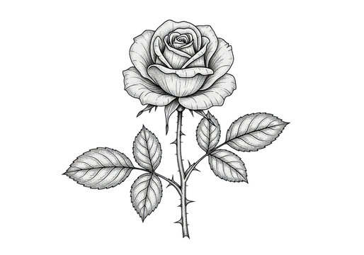 detailed photorealistic photo of a vintage black ink line art illustration of a blooming rose, featuring stem and leaves, rendered with cross-hatching and stippling on textured archival paper,