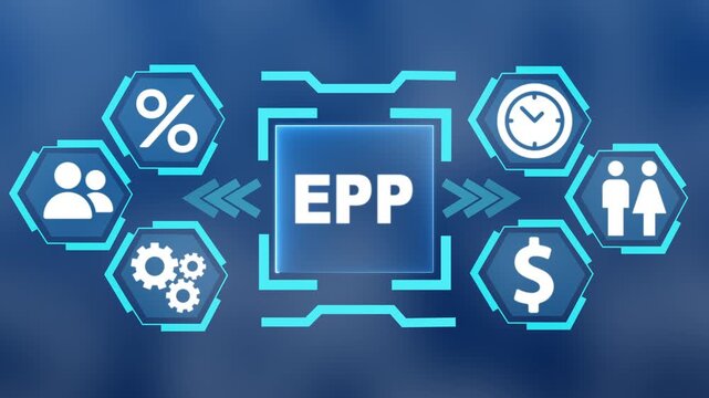 Glowing teal digital interface with the word EPP in the center surrounded. modern Concept with surrounding finance, users, settings and data analytics icons on blue blurred background.