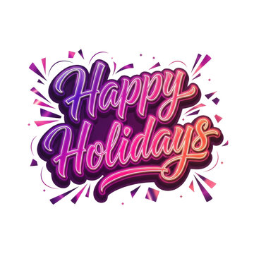 ultra photorealistic flat lay of bold metallic gradient 'happy holidays' script with pink and gold accents, isolated on a zero-shadow white background. concept for festive commercial advertising