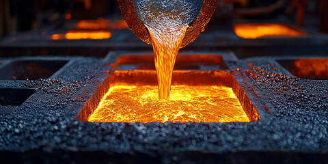 Molten metal is being poured into molds at a foundry Generative AI