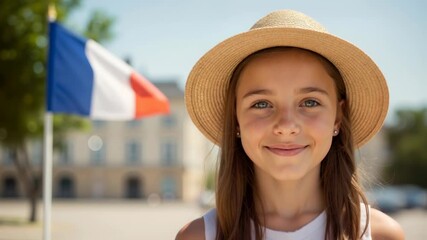 Young girl in a straw hat smiling with the waving French flag in the background. Bastille Day celebration on July 14. French national holiday and patriotism concept