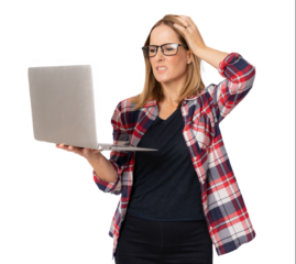 Young worried woman standing in casual clothes holding laptop over transparent background. PNG transparent.