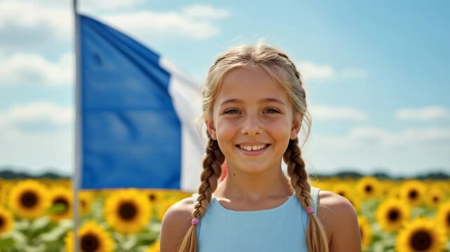 Young girl smiling in a sunflower field against waving French flag. Celebrating Bastille Day on July 14. French patriotism and national pride concept