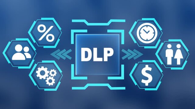 Glowing teal digital interface with the word DLP in the center surrounded. modern Concept with surrounding finance, users, settings and data analytics icons on blue blurred background.
