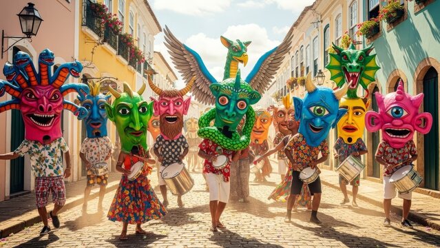 Vibrant masked dancers performing in a colorful street parade scene with cultural masks and costumes in a lively town square