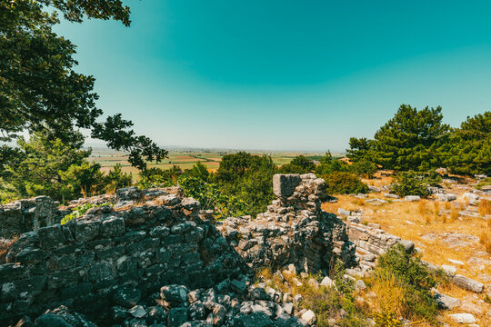 Ruins of the ancient city of Priene, Turkey. The Temple of Athena Polias in Priene  an Ionic Order temple located northwest of  agora, inside the sanctuary complex. It was dedicated to Athena Polias, 