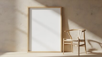 Vertical blank wooden picture frame mockup leaning against a textured beige wall beside a stylish light wood wishbone chair illuminated by soft window shadows creating a calm minimalist interior displ