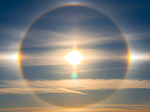 Circular halo around sun with vibrant rainbow in partly cloudy sky - Powered by Adobe