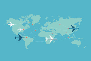 Global air travel route map illustration showing airplanes flying across world continents, international flight paths, transportation network, aviation logistics, and worldwide connectivity concept © Heyyy