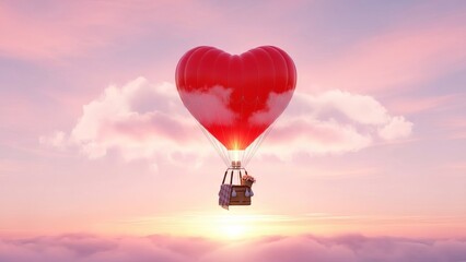 Fototapeta premium A heart-shaped balloon floats gently above clouds during a serene sunrise with a basket attached below it.