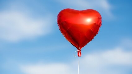 Fototapeta premium A red heart-shaped balloon floating in the air against a serene blue sky with white clouds, captured from a frontal viewpoint