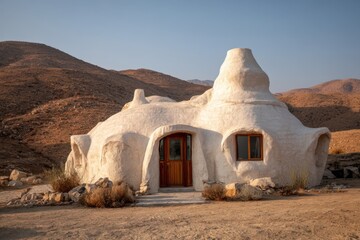 Unique Sandstone House in Desert Landscape with Clear Blue Sky at Sunset.