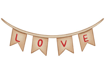 Obraz premium Festive watercolor bunting flags featuring the word Love. Hand-drawn party decoration for Valentine's Day, weddings, and romantic celebrations
