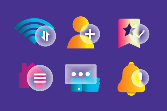 Colorful glass morphism icons representing connectivity, user profiles, notifications, and various app functions